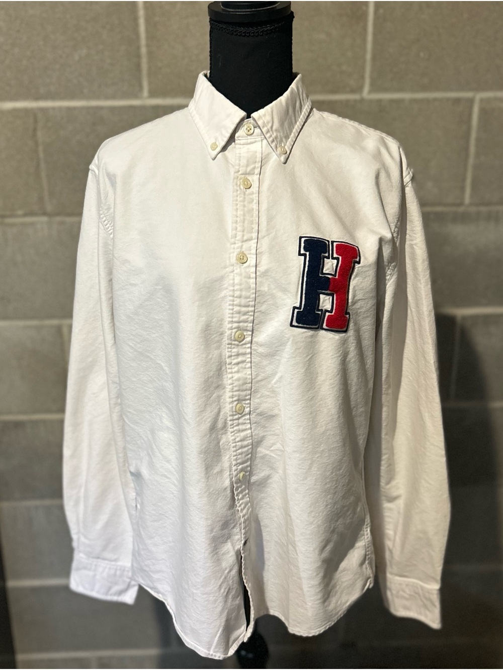 Tommy Hilfiger White Button-Down Shirt with Navy and Red H Patch